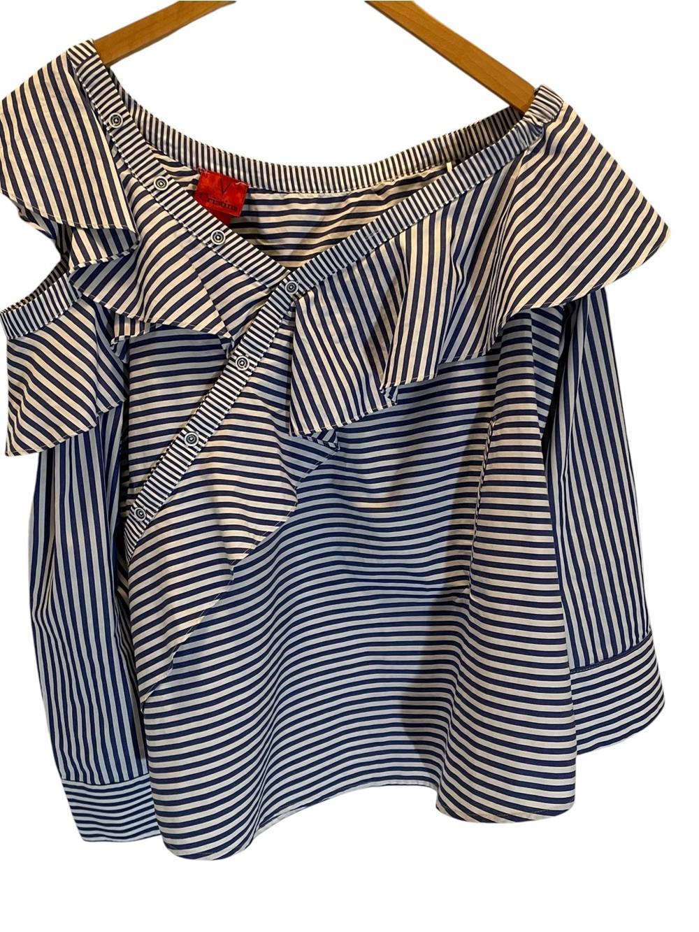 V Christina Classic Striped Off-Shoulder Ruffle Blouse Navy Blue White Size XL